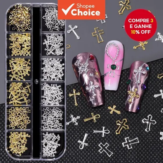 Charms para Unhas em Forma de Cruz 3D, Charms Dourados para Nail Art, Decorações Vintage Punk em Liga Metálica, Cruz