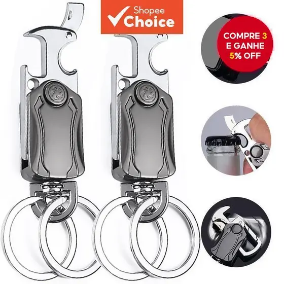 Chaveiro Criativo com Girador Multifuncional, Abridor de Garrafas, Keyring para Moto e Carro.