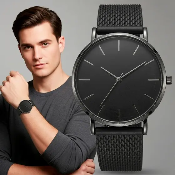 Relógio masculino minimalista preto de quartzo, caixa fina, pulseira de malha, relógio de pulso casual para acessórios