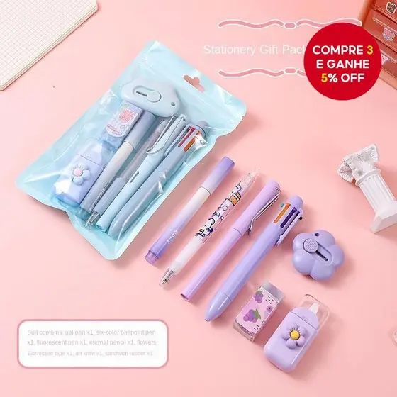 Conjunto De 7 Peças De Papelaria Fofo Presente Com Borracha Apontadora De Régua-Material Escolar De Plástico Para Estuda