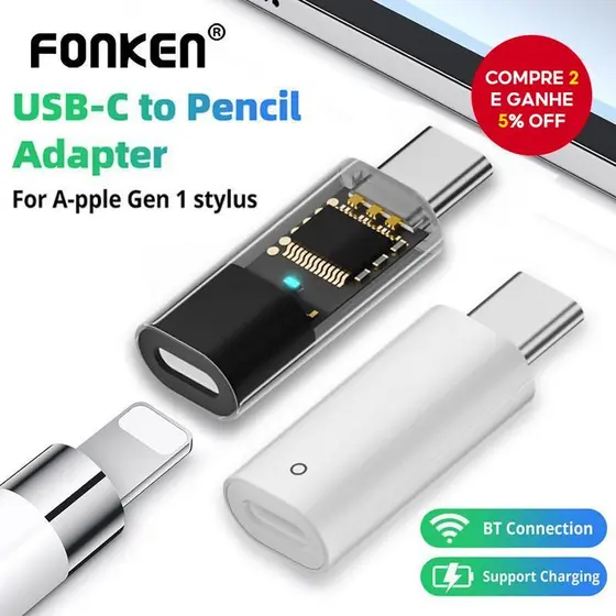 Adaptador Fonken USB C Stylus Para Apple Pencil 1a Geração Suporta Emparelhamento Bluetooth iPad 10a 11a