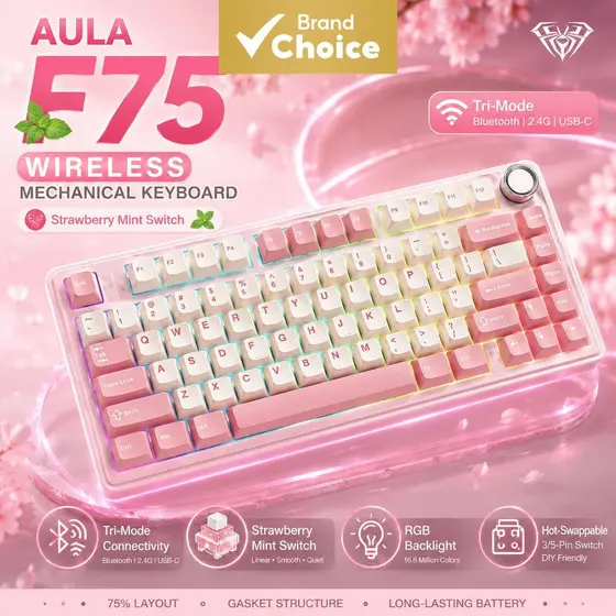 Teclado Mecânico Sem Fio AULA F75 – Bluetooth 5.0, 2.4G, Com Fio, Estrutura Gasket, Troca a Quente, RGB, Teclas PBT,