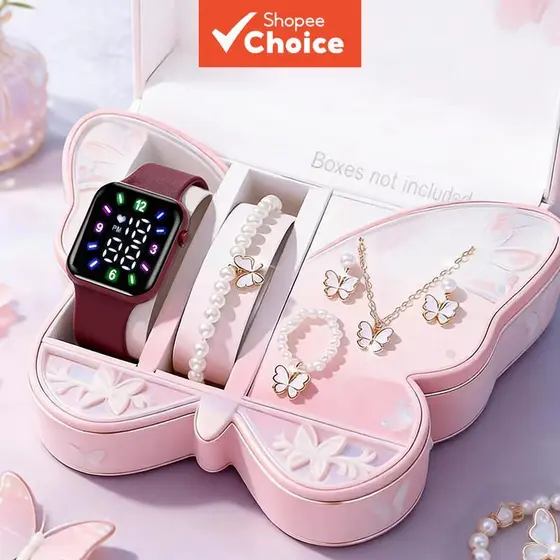 Tendência De Verão Doce Relógio Digital Joias 5 Peças Conjunto Fofo Para Meninas E Presente Feminino