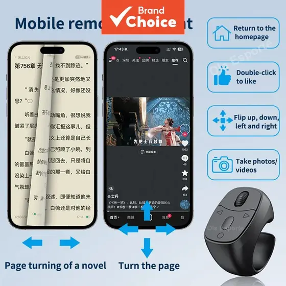 Anel Bluetooth de controle remoto com um toque para selfie, controle de rolagem de página e polegar livre para celular