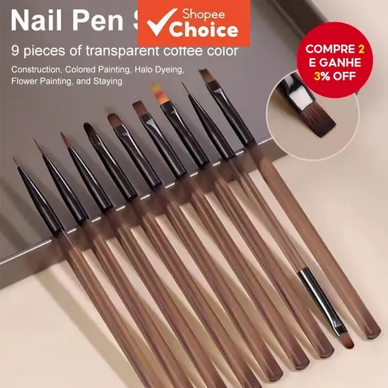 Conjunto De Pincéis Marrom Para Unhas - 9 Peças, Cabeças Duplas, Ideal Para Desenhos E Pintura gradiente