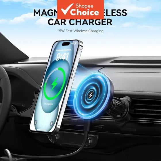 Carregador Sem Fio Magnético Para Montagem Em Ventilação De Carro 15W Com LED iPhone 17 16