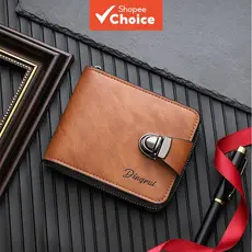 Carteira Curta Bifold Masculina Com Zíper , Grande Capacidade , Slot Para Vários Cartões , Design Comercial Vintage