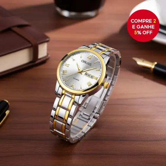 ORUSS Relógio de Pulso Feminino/Masculino Original em Aço Inoxidável Dupla Calendário à Prova d'Água Prata/Ouro