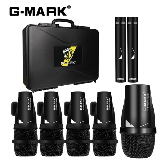 Kit de Microfones para Bateria G-MARK G7-S com Fio, 7 Peças, Dinâmicos, para Bumbo, Baixo, Tom, com Bolsa de Transporte