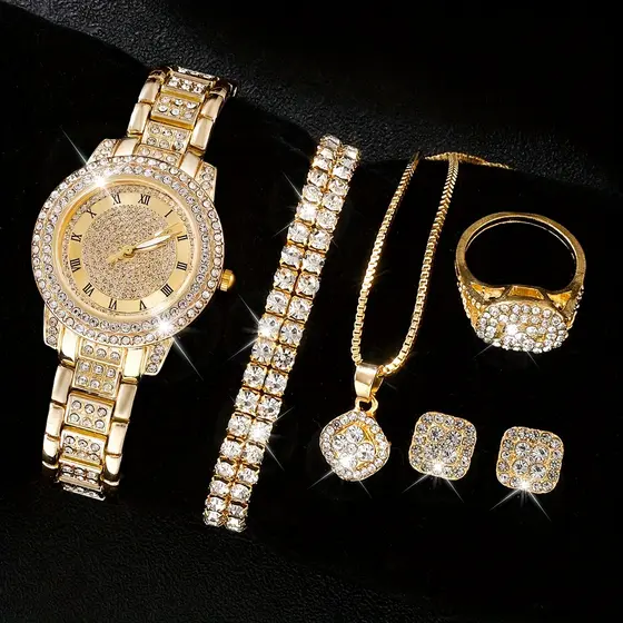 Conjunto De Relógios Femininos Luxuosos Com Diamantes Completos De 6 Peças – Joias De Quartzo Mostrador Roma (Sem Caixa)