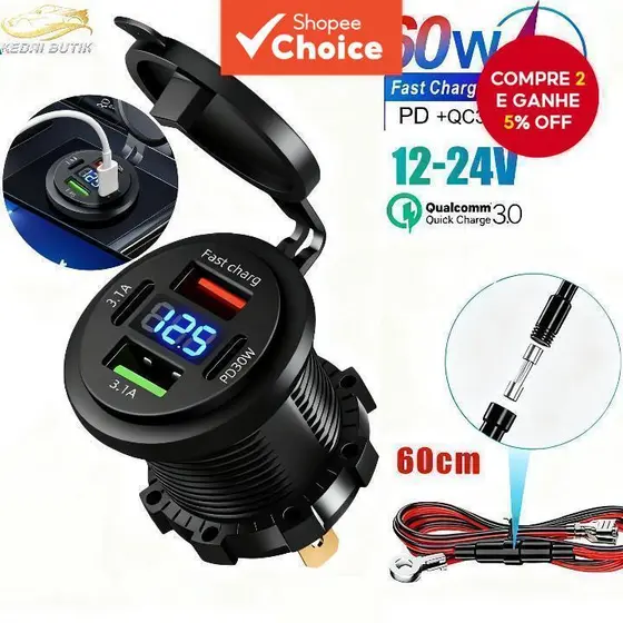 Estilo de Vida - Produto Local - 1 Conjunto Carregador de Carro QC 3.0 à Prova d'Água com Duplo USB e Dupla Tomada