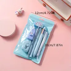 Conjunto de Papelaria Fofo - Kit de 7 Peças de Materiais Escolares de Plástico com Régua e Lápis Afiado