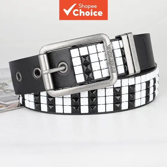 Cinto Feminino Preto E Branco Xadrez Rebite PU Para Calças , Fivela De Pino Vintage , Punk Y2K High Street , Decorativo