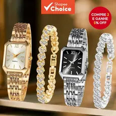 Conjunto de Relógio Feminino de Luxo Quadrado de Aço, 2 Relógios + 2 Pulseiras de Diamantes Completas, Relógio de