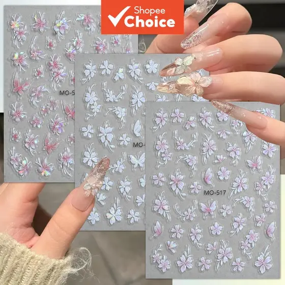 3/6 Folhas de Adesivos para Unhas Artísticas com Flores e Borboletas 5D Iridescentes em Relevo Autoadesivos para
