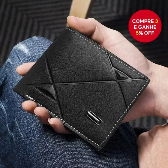 Carteira slim masculina de couro com slots para cartões e bolso para moedas, ideal para organizar dinheiro e cartões.