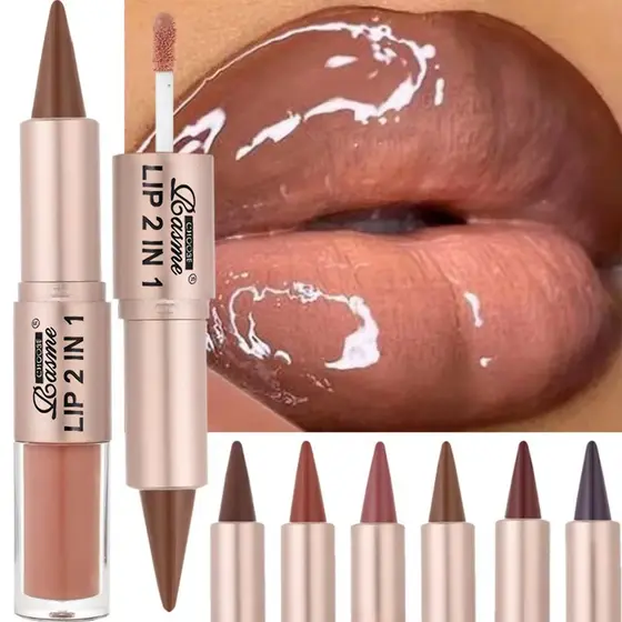 Lápis Labial 2 Em 1 Com Espelho E Brilho: Lápis Labial, À Prova D'água, Contorno Labial, Maquiagem Não Pegajosa