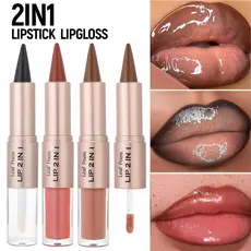 Lápis Labial 2 Em 1 Com Espelho E Brilho: Lápis Labial, À Prova D'água, Contorno Labial, Maquiagem Não Pegajosa