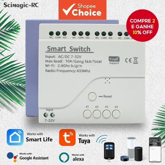 Para o Interruptor Inteligente Wi-Fi Tuya 4 Canais AC DC 7-32V 10A Módulo Controlador de Relé Inteligente com Automação
