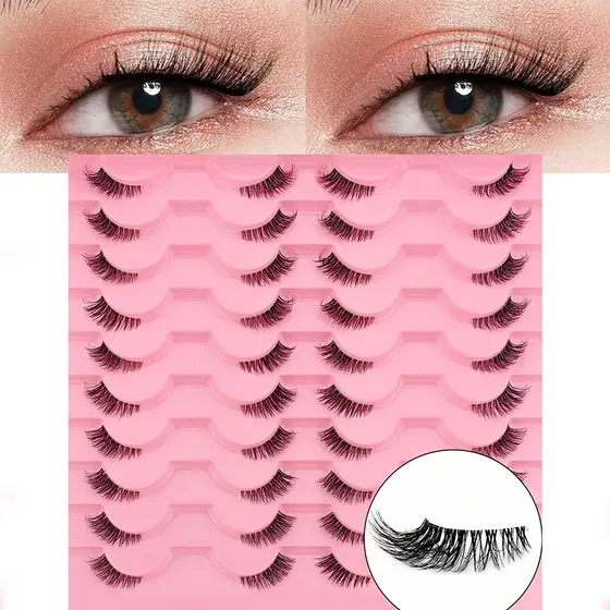 Cílios Curtos Naturais 20 Pares - Faixa Transparente, Estilo Gato Fofo, Canto Acentuado 3/4, Pacote Reutilizável