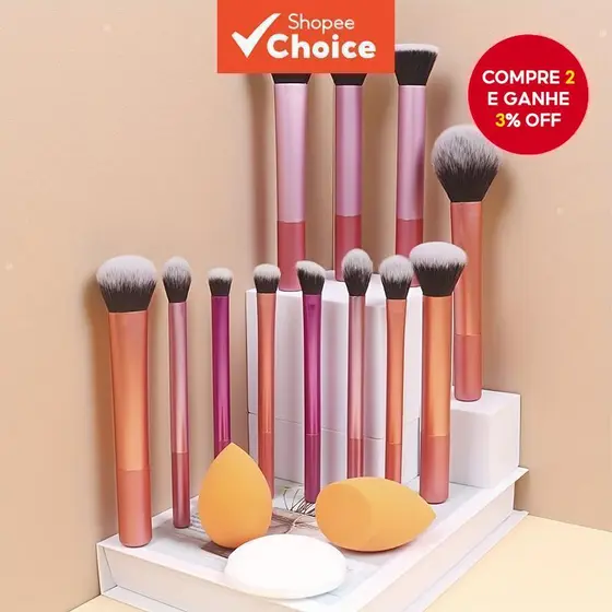 Conjunto De Pincéis De Maquiagem De 15 Peças Em Alta : Kit Multifuncional Com 12 E 3 Puffs