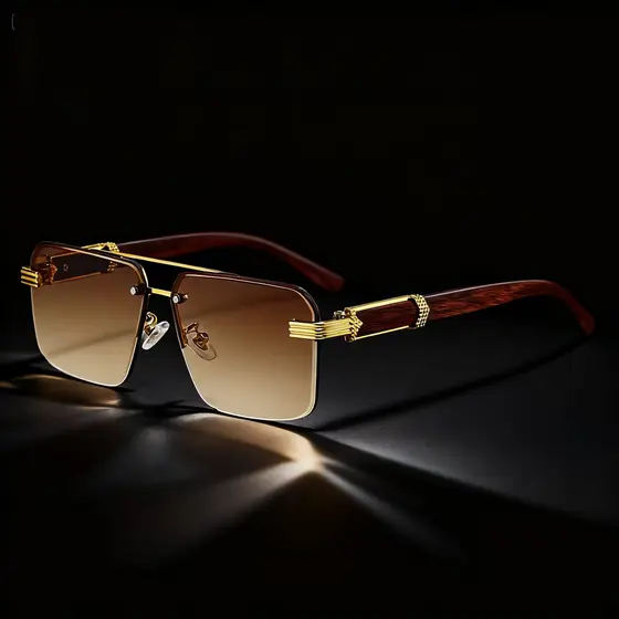 Óculos de sol masculino retrô quadrado sem armação - Proteção UV, leve, hastes com padrão de madeira