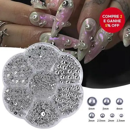 Pérolas Metálicas Prateadas em Forma de Meia Esfera, Charme para Unhas 3d, Tamanhos Mistos de Pérolas Planas de Plástico
