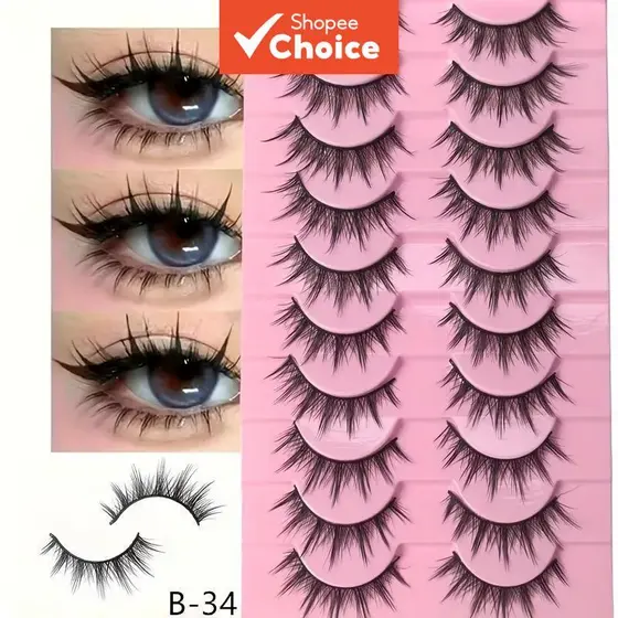 10 Pares de Cílios Postiços Reutilizáveis de 15mm – Faixa Preta, Conforto Natural para Anime/Cosplay, Efeito Ampliador,