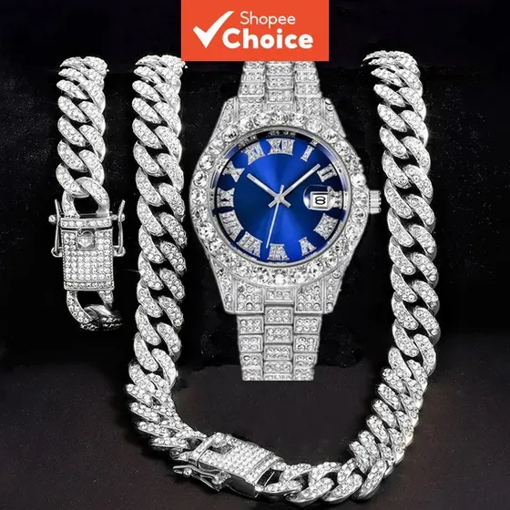 Luxo Diamante Relógio Masculino Corrente Cubana 3 Pçs Conjunto Banda De Aço Strass Mostrador Romano Data Presente