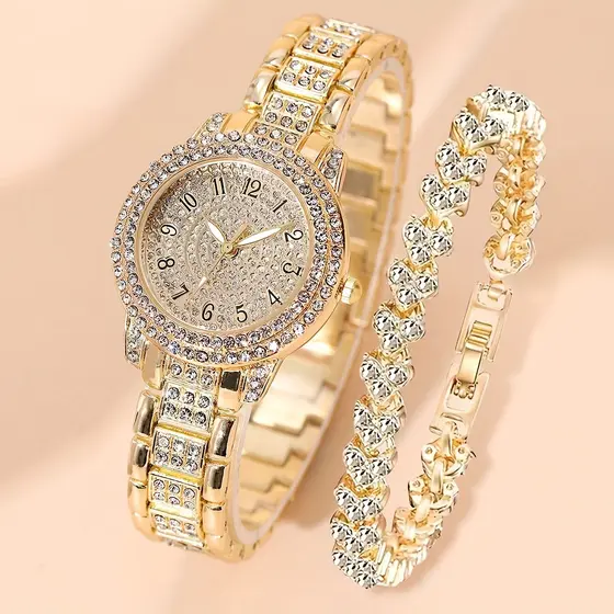 Novo Conjunto de 2 Peças de Relógio de Pulso de Quartzo para Mulheres, com Bracelete de Diamante Fashion