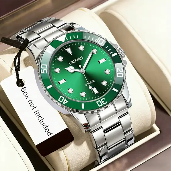 Relógio De Pulso Analógico De Quartzo Elegante Masculino Com Pulseira De Metal Prateado Sunburst Mostrador Verde Para Ne