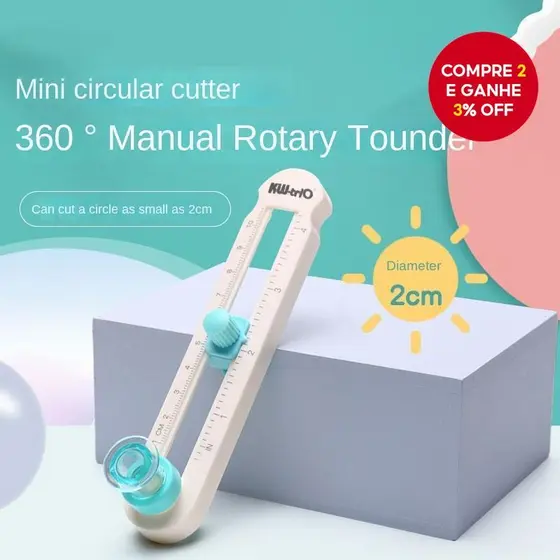 Compasso rotativo manual de 360 graus, diâmetro mínimo de 2 cm, ferramenta de corte e arredondamento.