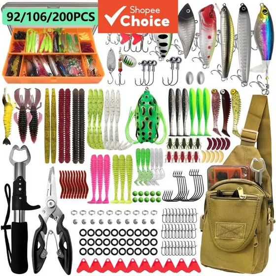 Kit de isca de pesca 92/106/200 peças, com uma caixa de armazenamento e uma bolsa, isca mole e dura, anzol, pingente de