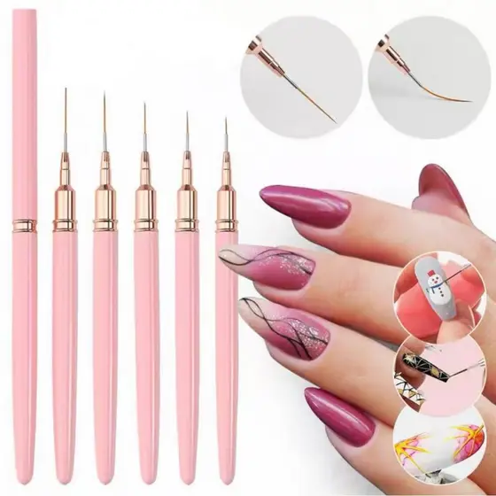 Conjunto com 5 Pincéis para Arte de Unhas - Ferramenta Profissional para Linhas, Desenho e Pintura com Gel UV.