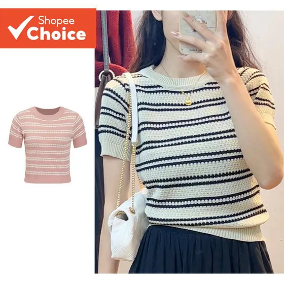 Lovito Top Casual Primavera/Verão Listrado Com Gola Redonda Para Mulheres LNE13021
