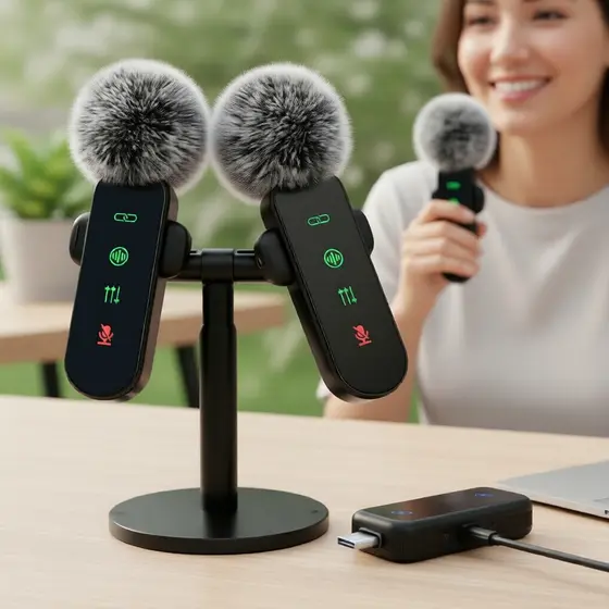 Microfone Mini Clipe Wireless com Cancelamento de Ruído, Plug & Play para Vlogs, TikTok e Entrevistas