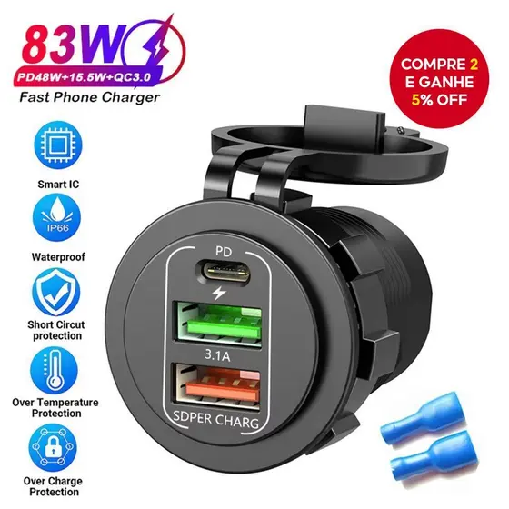 Carregador Veicular 3 em 1 12-24v com Carregamento Rápido Qc3.0, Dual Usb + Carregador Pd, Soquete de Energia À Prova