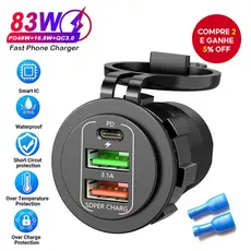 Carregador Veicular 3 em 1 12-24v com Carregamento Rápido Qc3.0, Dual Usb + Carregador Pd, Soquete de Energia À Prova