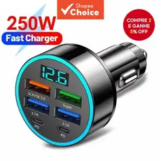 250W Carregador de Carro USB PD QC3.1 USB C Carregador de Celular para Carro Adaptador Tipo C para iPhone Samsung