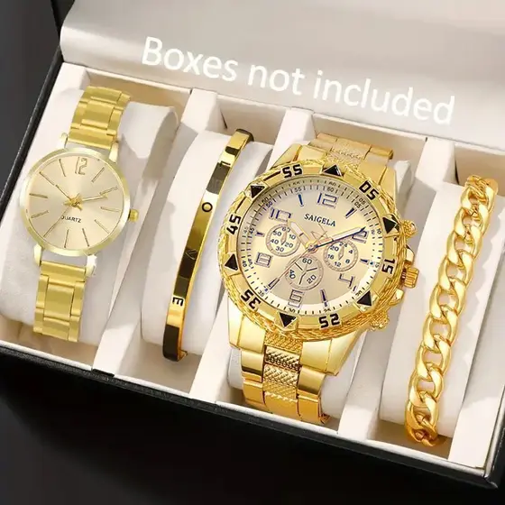Casal Jóias De Ouro Presentes 4 Pçs Conjunto Relógio Quartzo Pulseira Luxo Moda Masculina Negócios Feminino Pequeno Most