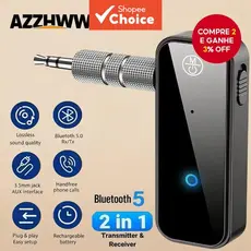  Adaptador Bluetooth 6.0 AUX 3,5mm 2 em 1 Receptor/Transmissor para Caixas de Som Automotivas, Fones de Ouvido, Tablets,