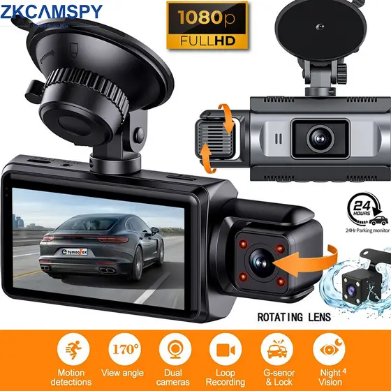 Câmera Veicular 3 Canais DVR 360° 1080P com Visão Noturna e Gravação Automática