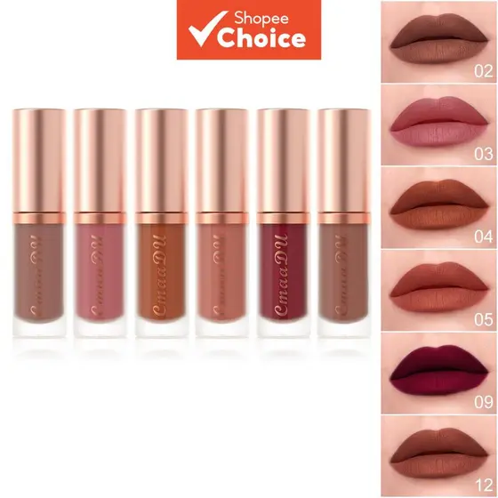 CmaaDu 6 peças/conjunto (02 03 04 05 09 12) Batom líquido matte aveludado à prova d'água, de longa duração, cremoso, à