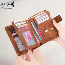 Carteira tripla multifuncional com bloqueio RFID, vintage, feminina, minimalista, grande capacidade, com vários