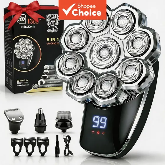 Barbeador Elétrico Magnético, Kit Barbeador Seco & Molhado com 8 Cabeças Flutuantes, Display LED, IPX7 à Prova d’Água,