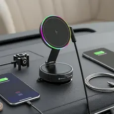 Carregador Veicular Magnético KILOARX – Suporte por Ventosa a Vácuo, Iluminação RGB, Suporte Dobrável para Mãos Livres