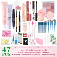 LAMEILA Kit de Maquiagem Completo para Iniciantes 47 Peças - Sombra, Pó, Base Compacta, Pincéis, Batom, Ferramentas