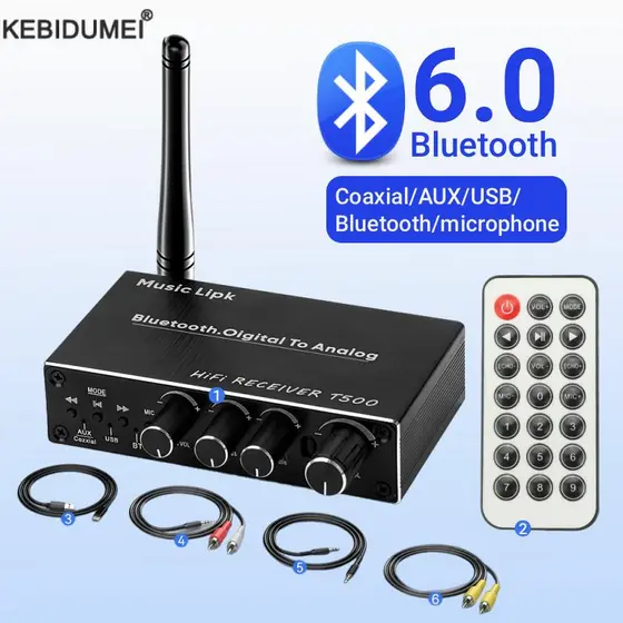 Receptor de Áudio Bluetooth 6.0 Estéreo Adaptador Sem Fio de Baixa Latência Conversor Coaxial USB U-Disk Play Microfone