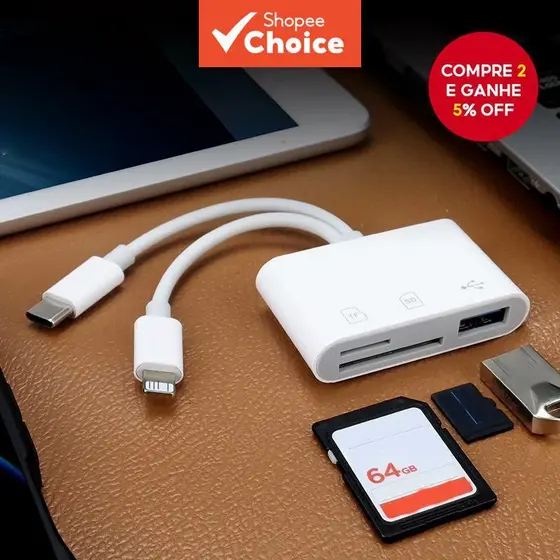 Portas 3 em 1 para leitor de cartão iOS Tipo C, Micro SD, TF, leitor externo de disco U, adaptador para tablet e