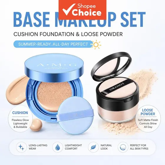 Conjunto de Maquiagem A.M.G: Compre 1 Ganhe 1 Base Cushion + Pó Solto, FPS, Hidratação, Cobertura Ajustável, Longa